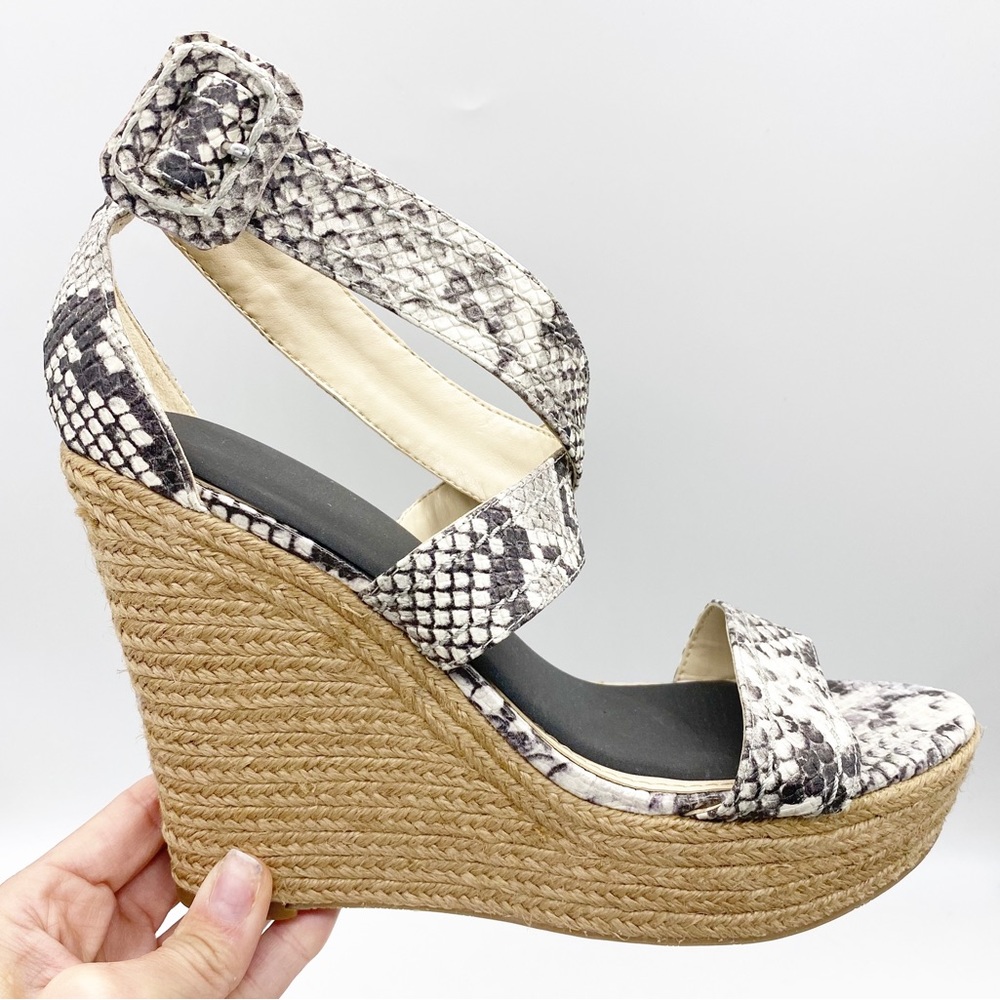 Marc Fisher Leather Animal Print Strappy Woven Heel Wedge 9 - Picture 2 of 14